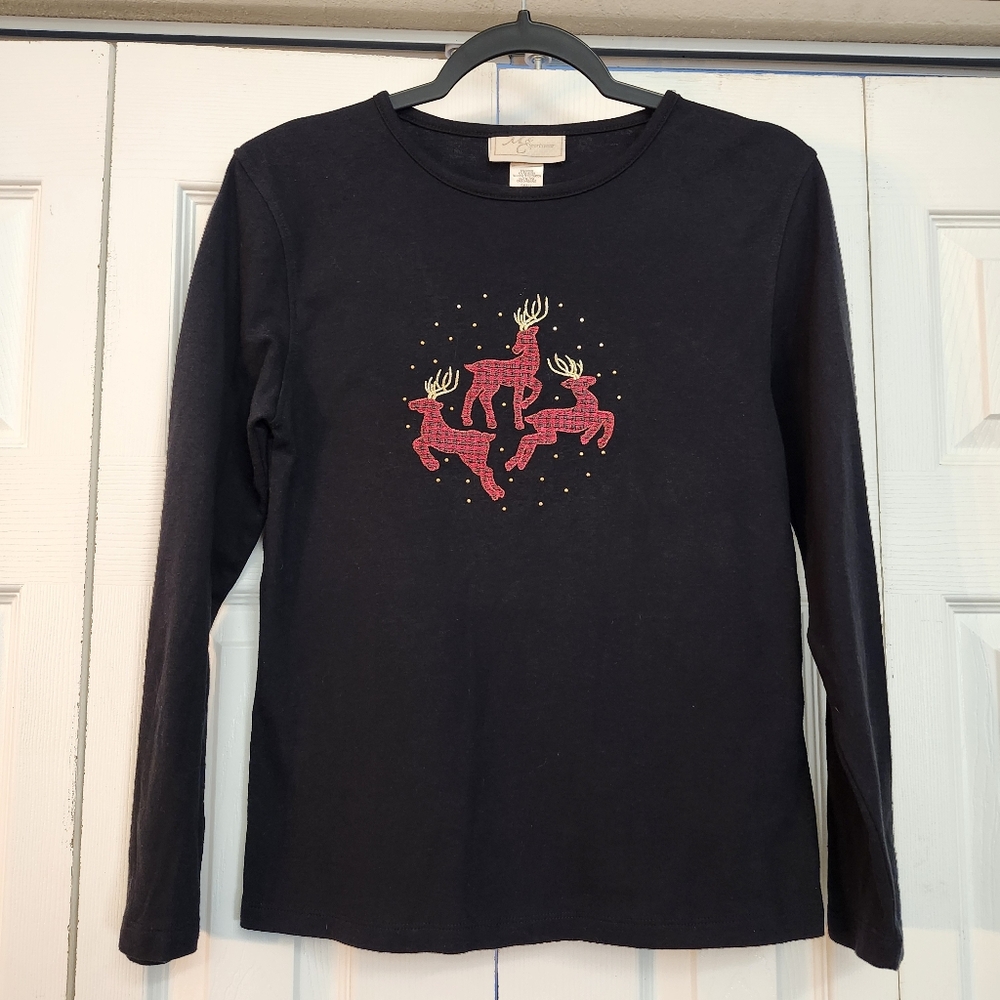 M&C Sportswear Plaid Reindeer with Embellishments Long Sleeve Top Size‎ S